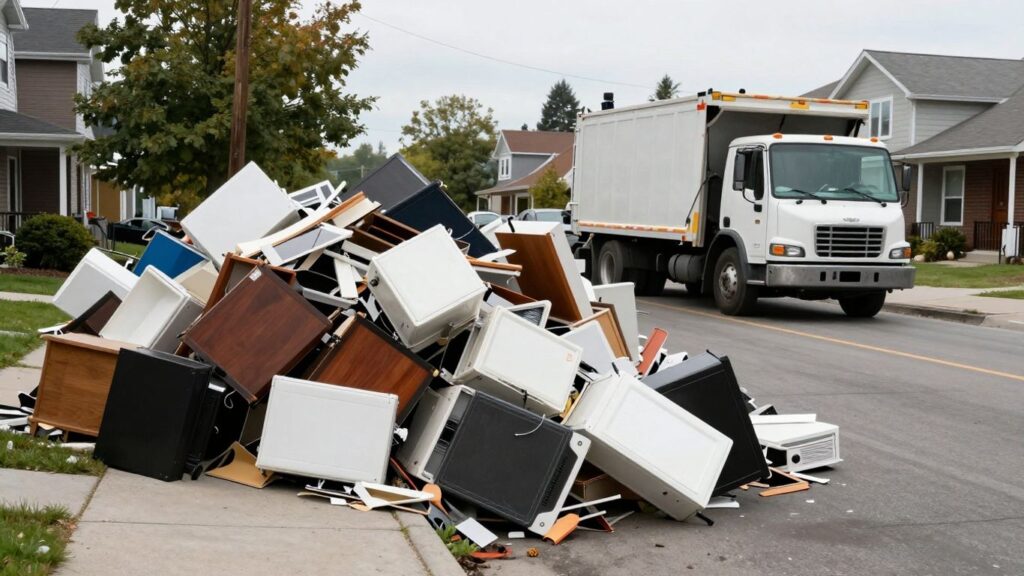 Bulk waste items piled on a curb for pickup.