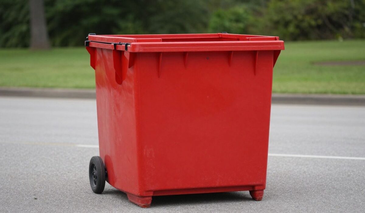 Red dumpster bin for event trash removal