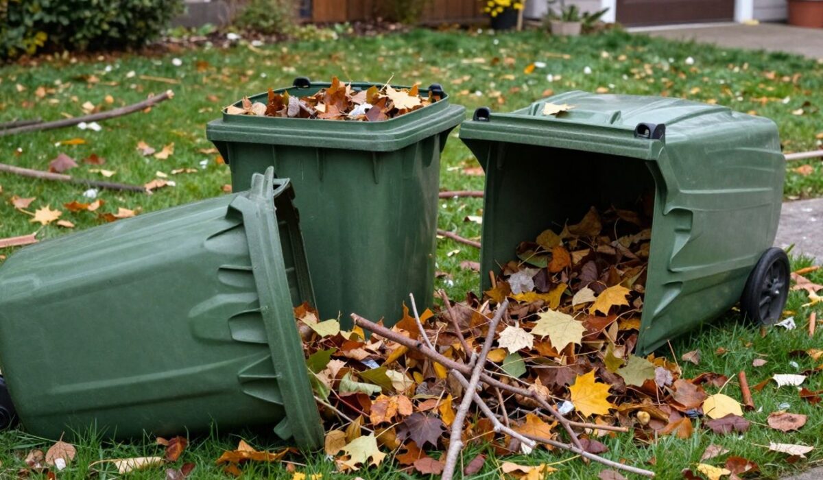 Overflowing yard waste bins on a lawn