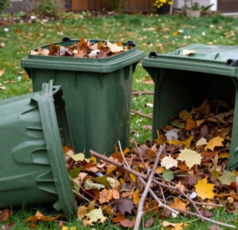 Overflowing yard waste bins on a lawn