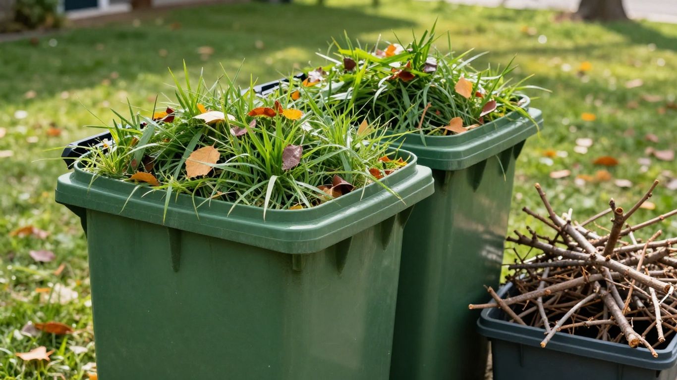 Yard waste bins filled with leaves and grass clippings.