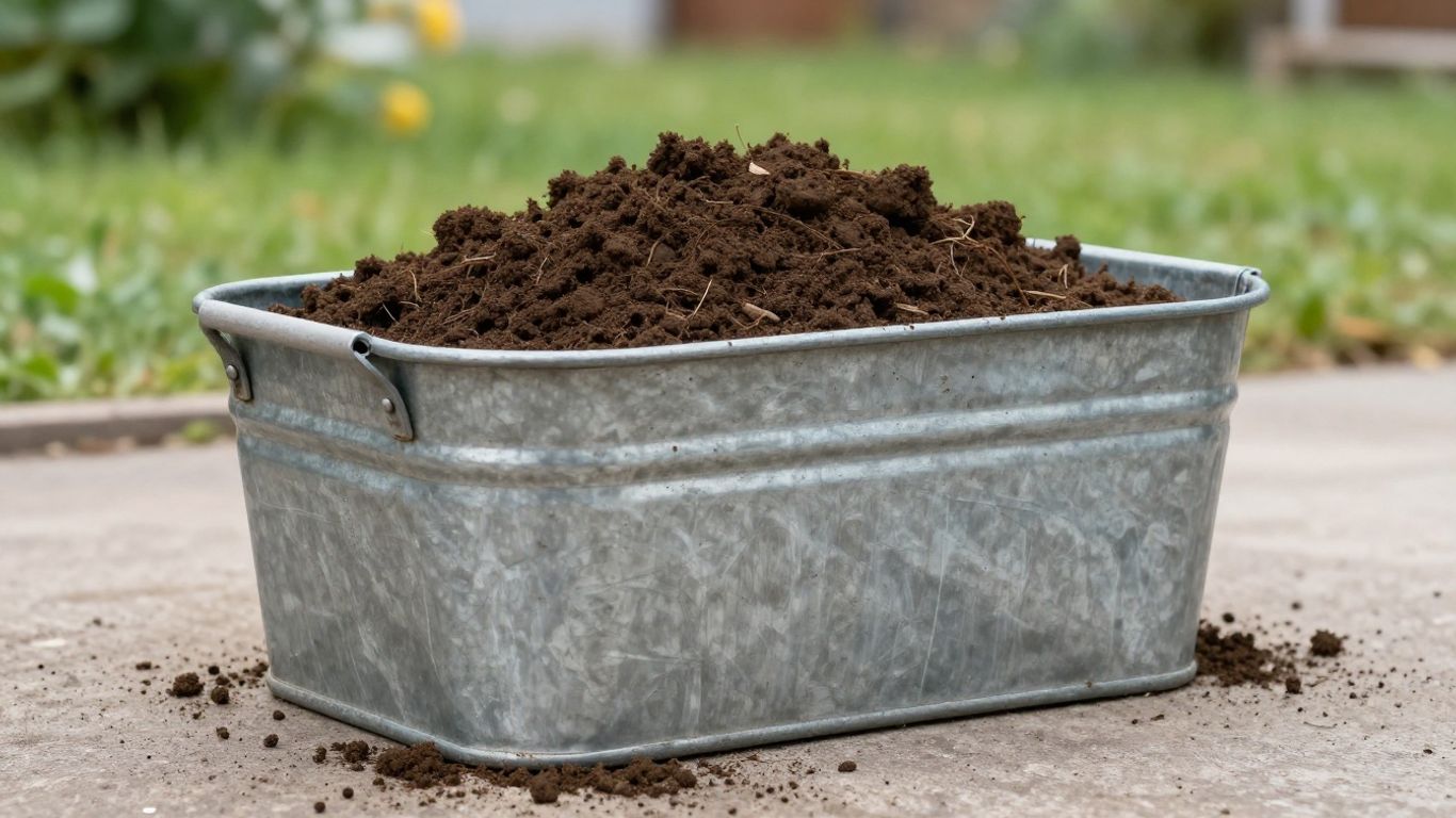 Soil bin filled with dirt for landscaping waste removal.