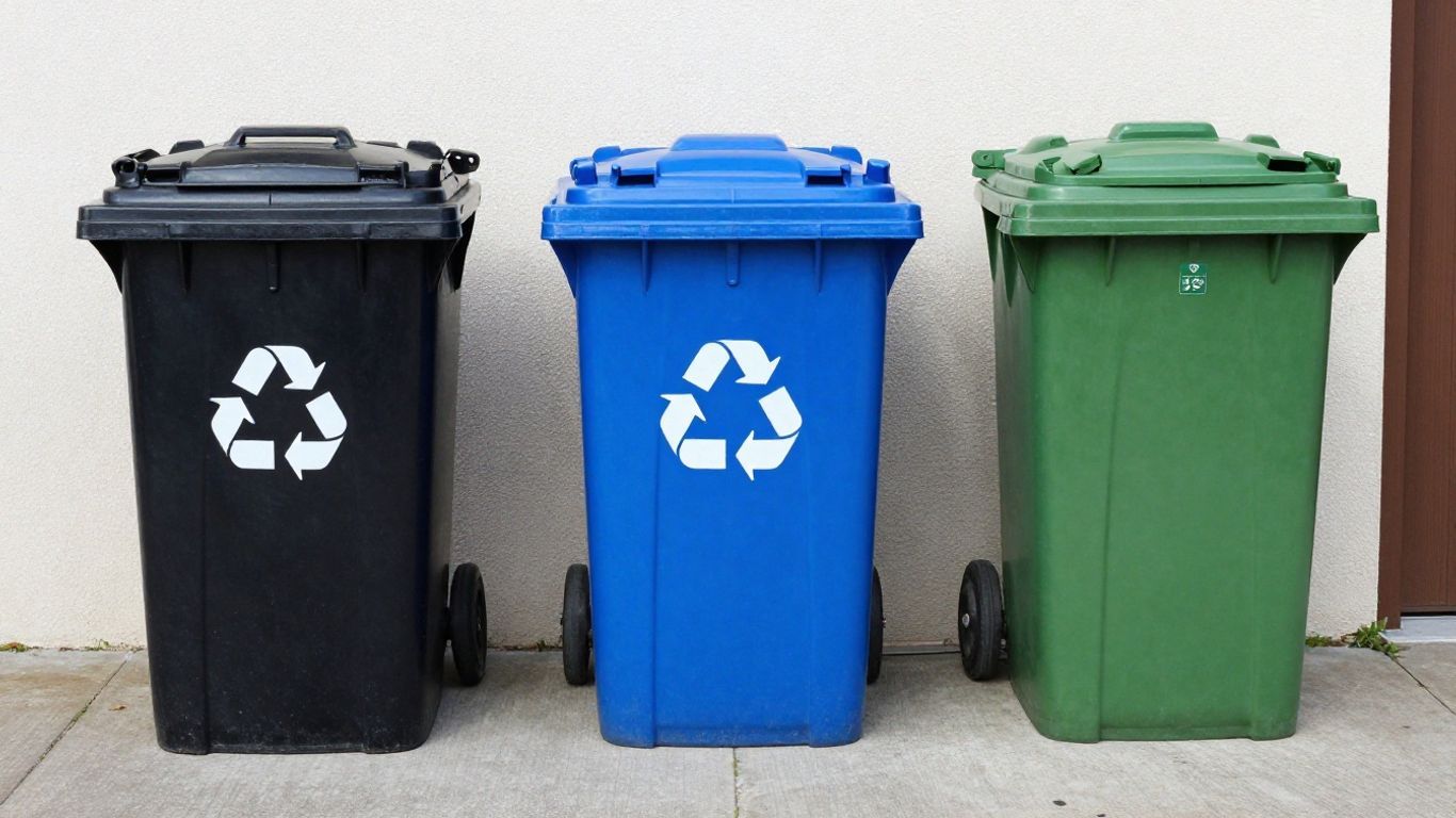 Sorted recycling, garbage, and organic bins