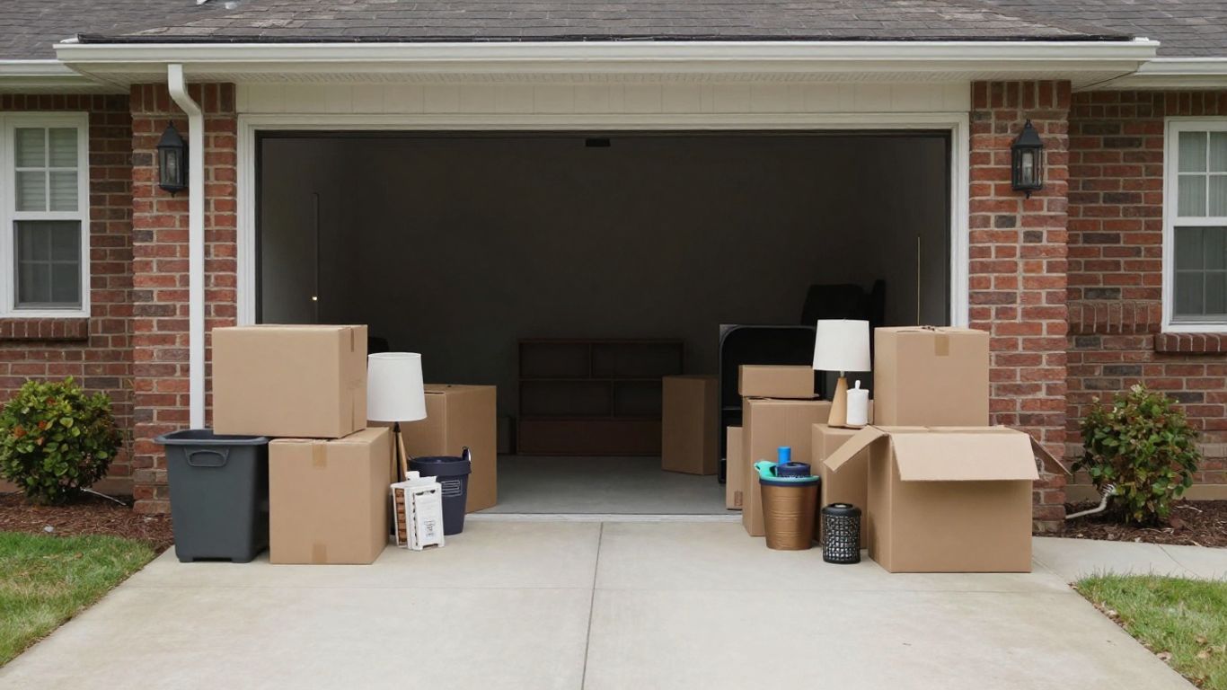 Driveway with cleanout bin beside organized household debris