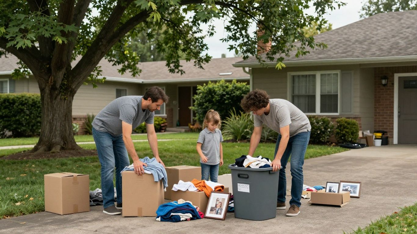 Family sorting household belongings beside a rental bin