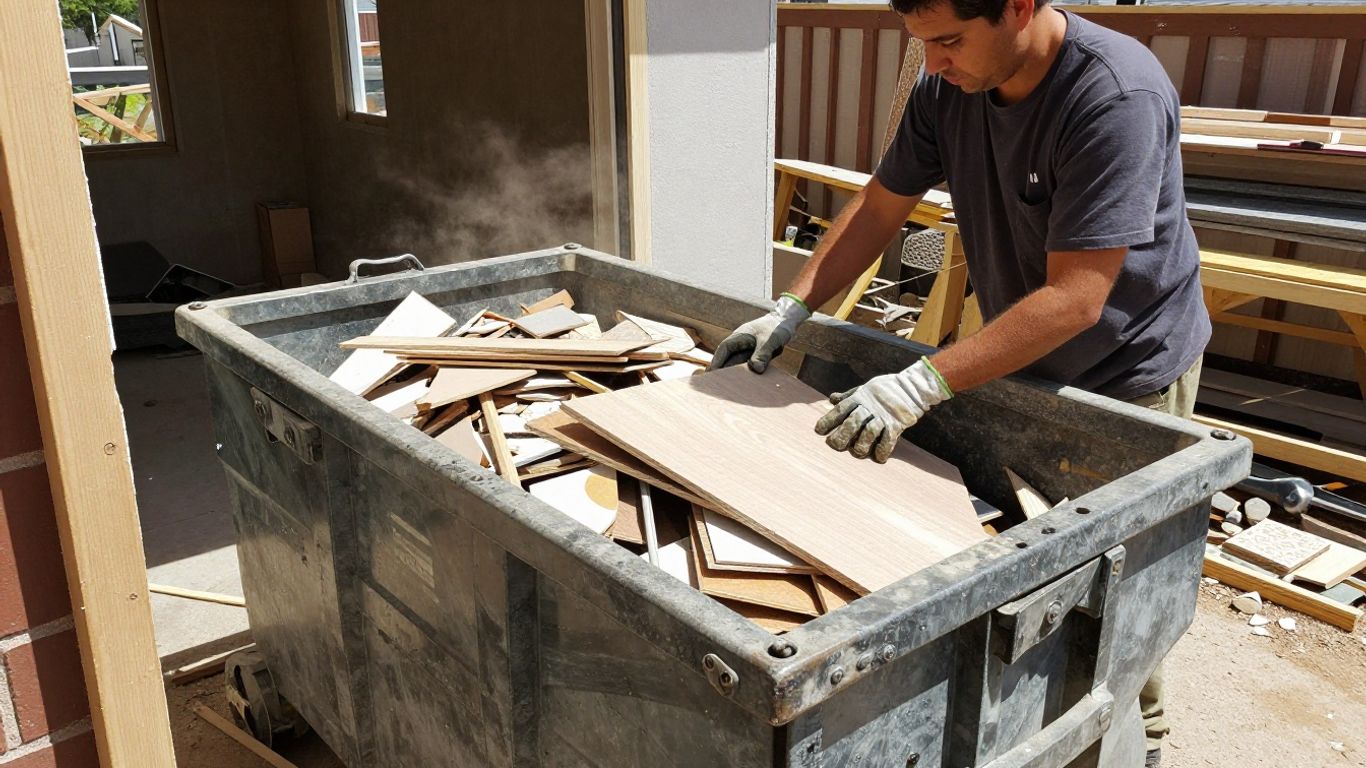 Worker loading renovation debris into dumpster