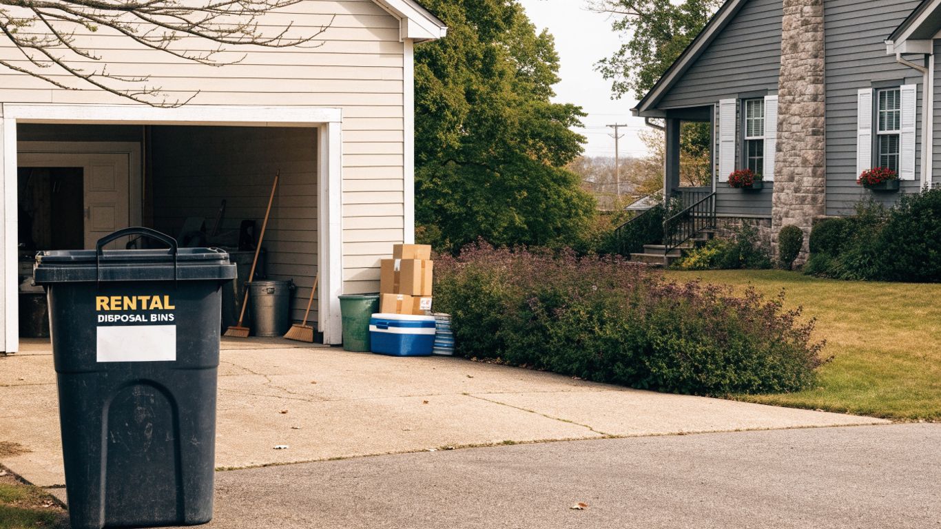 Driveway with a rental bin beside a freshly cleared garage