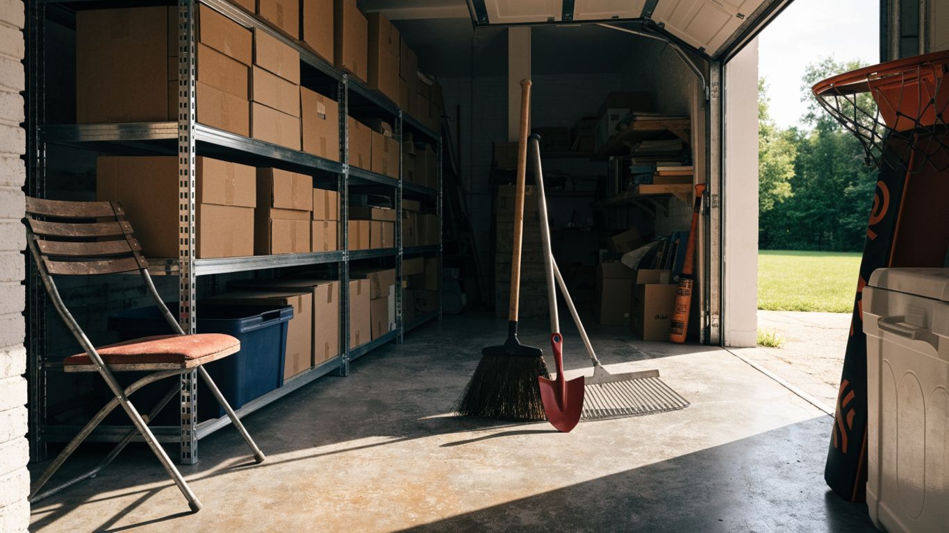 Garage shelving and sorted household items in a tidy workspace