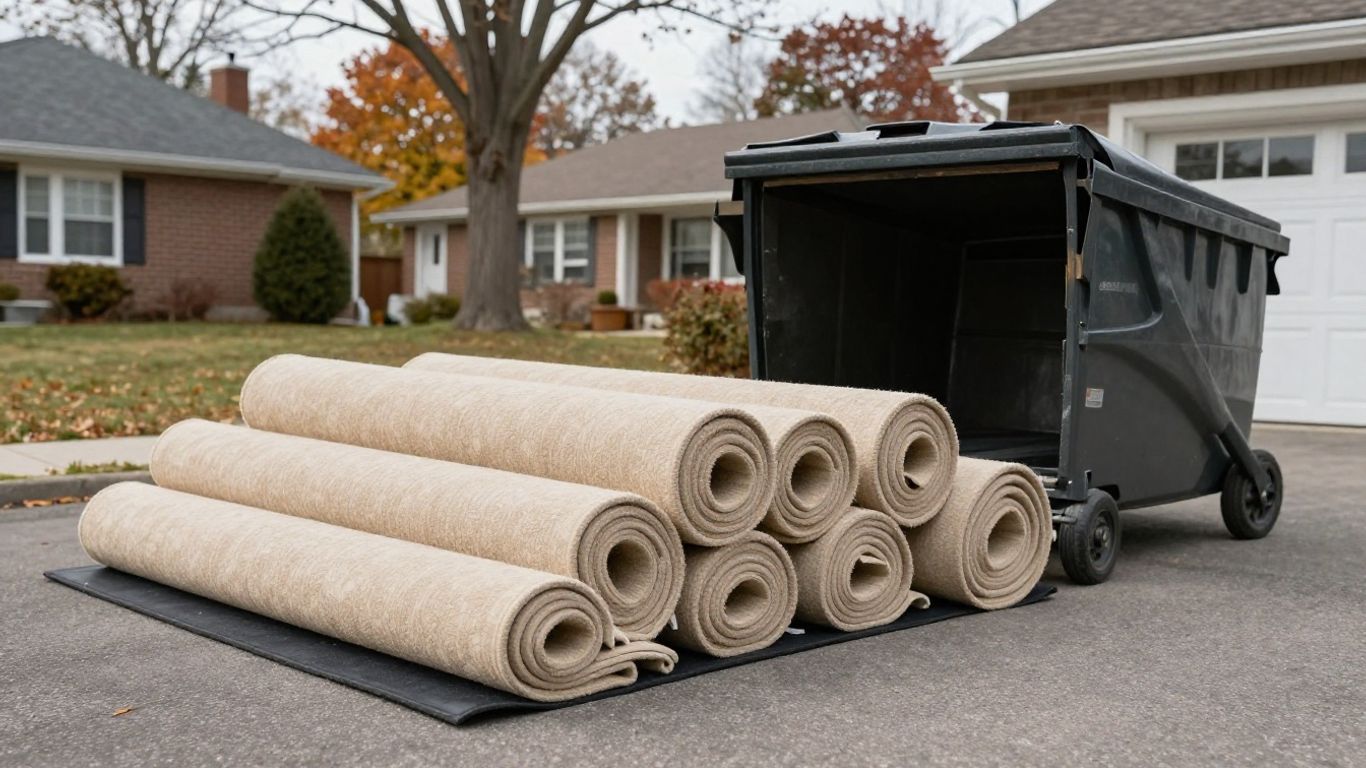 Rolled carpet beside a driveway bin